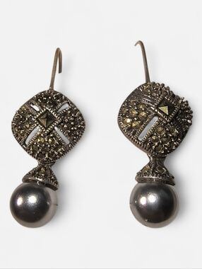 Judith Jack Vintage Marcasite, Faux Pearl, And Sterling Silver Drop Earrings